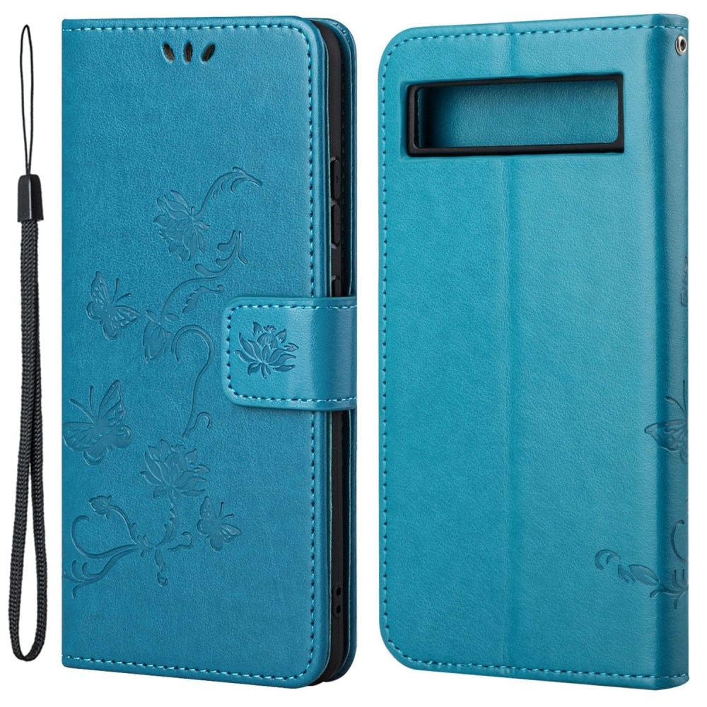 Google Pixel 7a Leather Cover Imprinted Butterflies Blue
