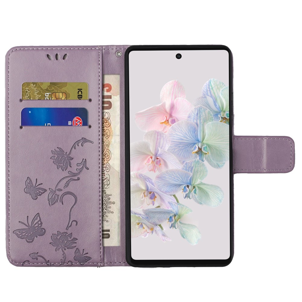 Google Pixel 7a Leather Cover Imprinted Butterflies Purple