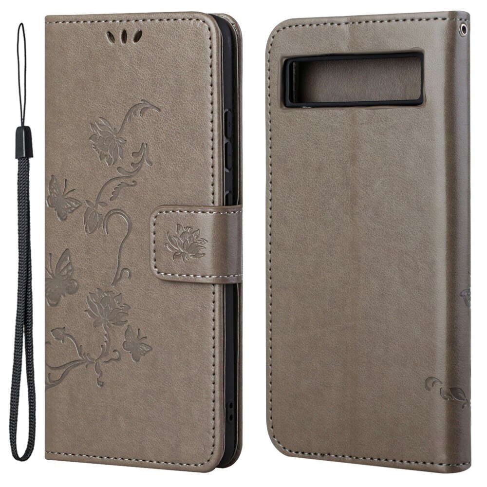 Google Pixel 7a Leather Cover Imprinted Butterflies Grey