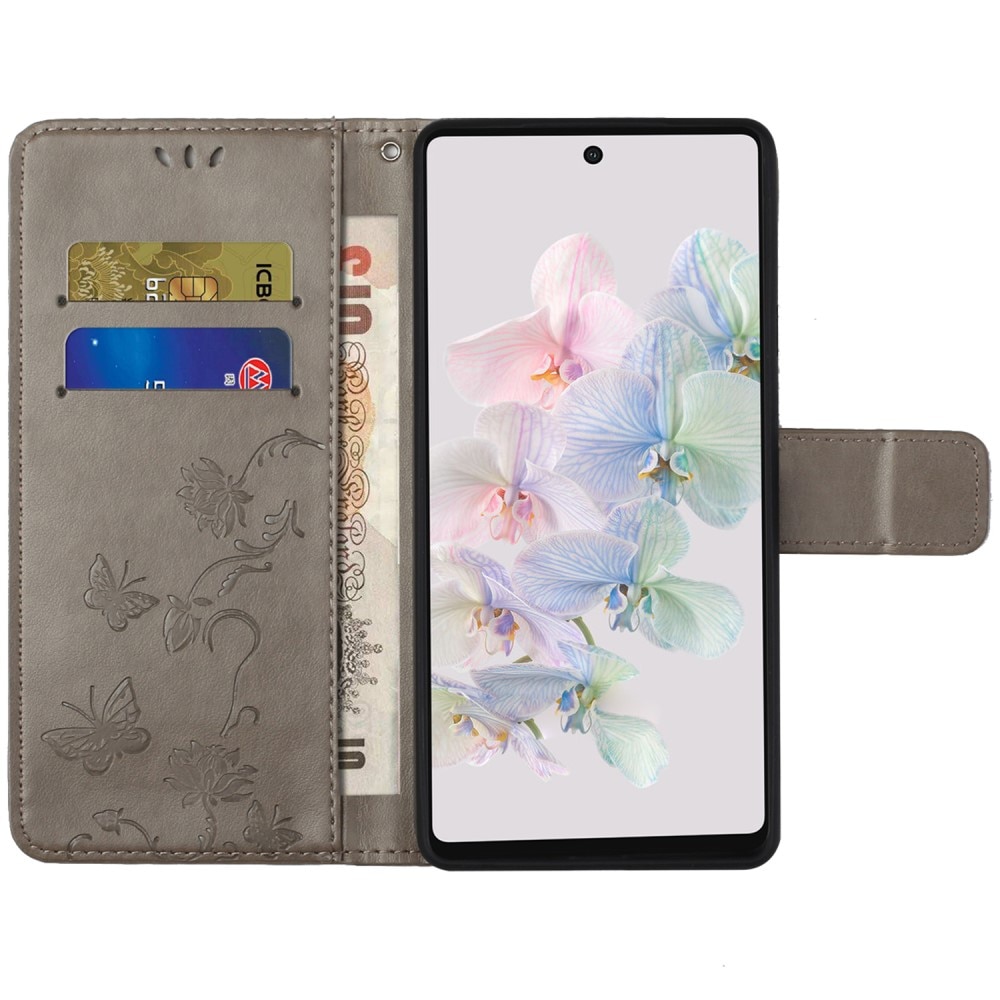 Google Pixel 7a Leather Cover Imprinted Butterflies Grey