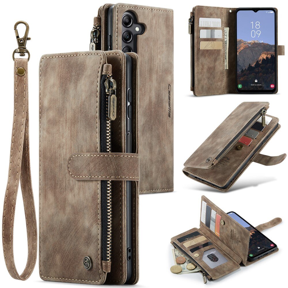 Samsung Galaxy A14 Zipper Wallet Book Cover Brown