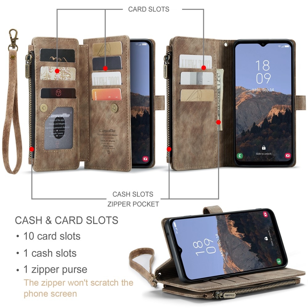 Samsung Galaxy A14 Zipper Wallet Book Cover Brown