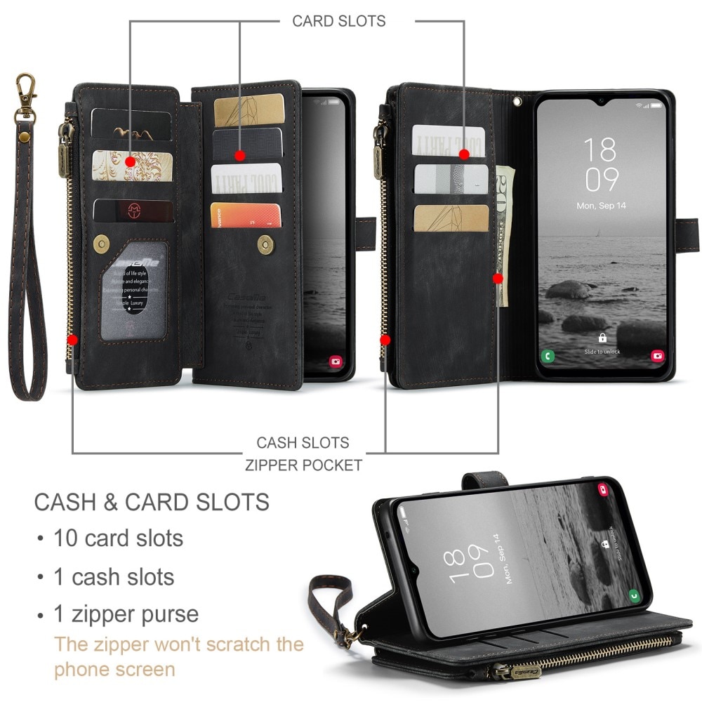 Samsung Galaxy A14 Zipper Wallet Book Cover Black