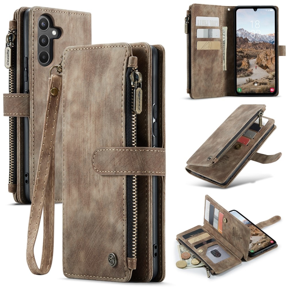 Samsung Galaxy A34 Zipper Wallet Book Cover Brown