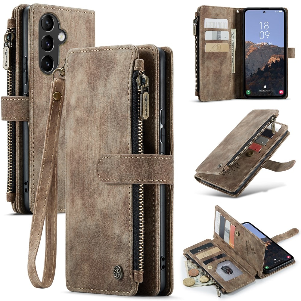 Samsung Galaxy A54 Zipper Wallet Book Cover Brown