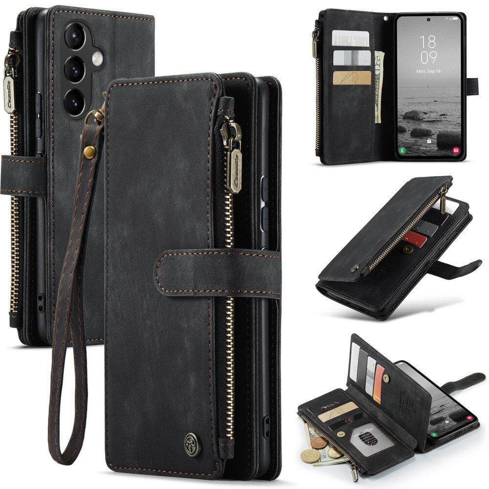 Samsung Galaxy A55 Zipper Wallet Book Cover Black