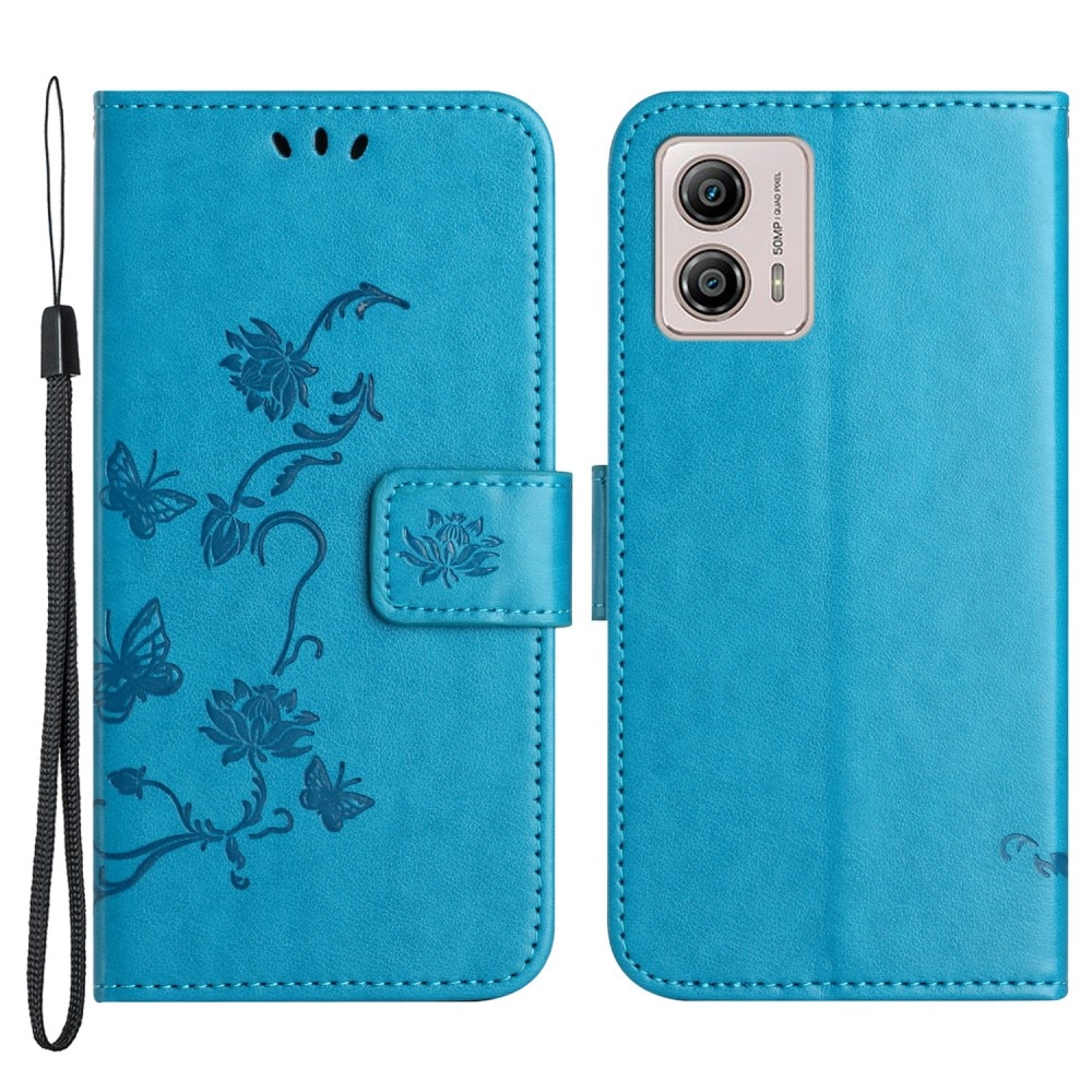 Motorola Moto G53 Leather Cover Imprinted Butterflies Blue