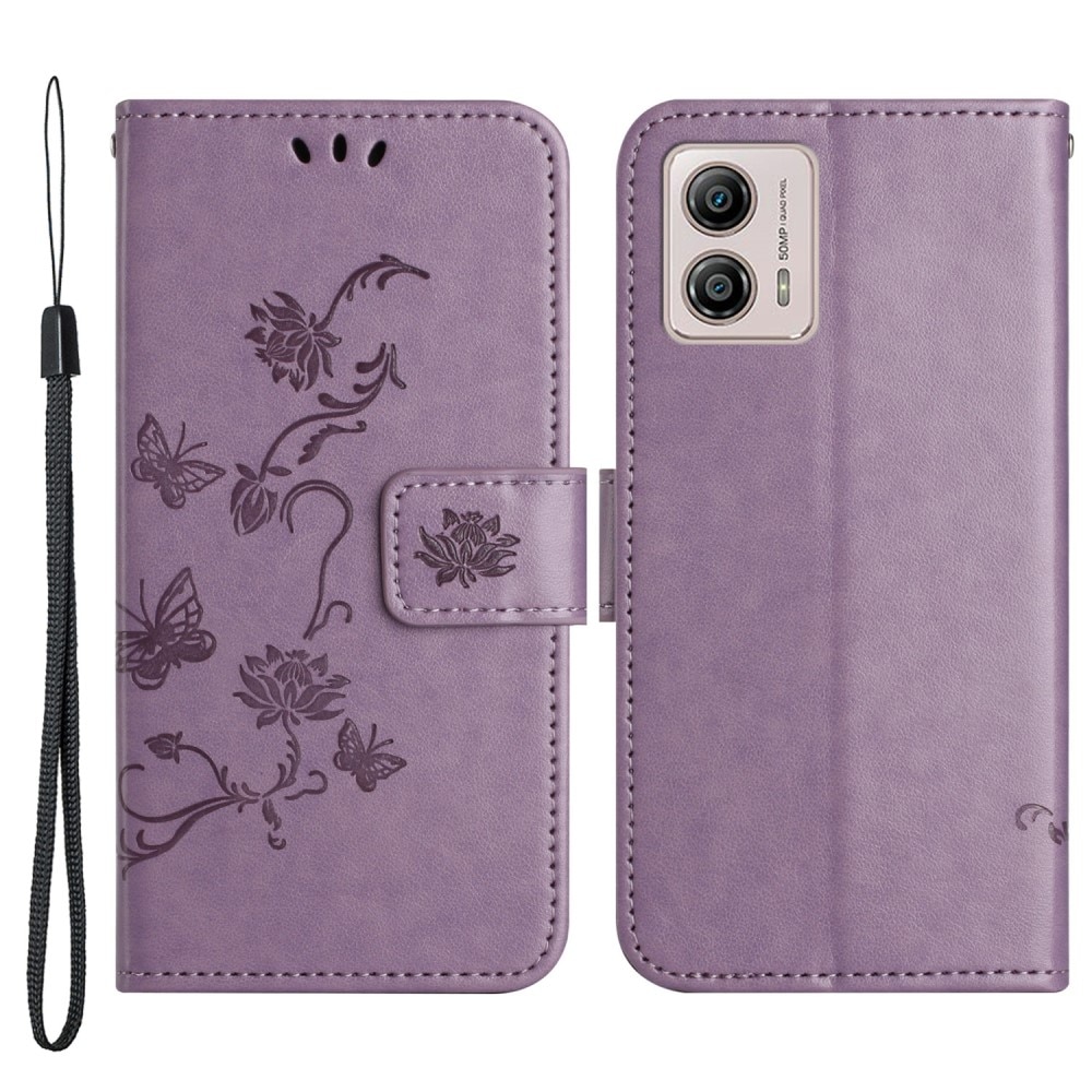 Motorola Moto G53 Leather Cover Imprinted Butterflies Purple