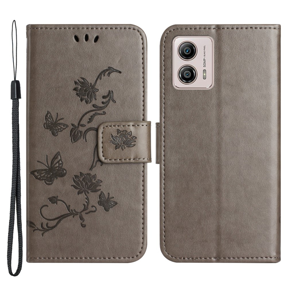 Motorola Moto G53 Leather Cover Imprinted Butterflies Grey