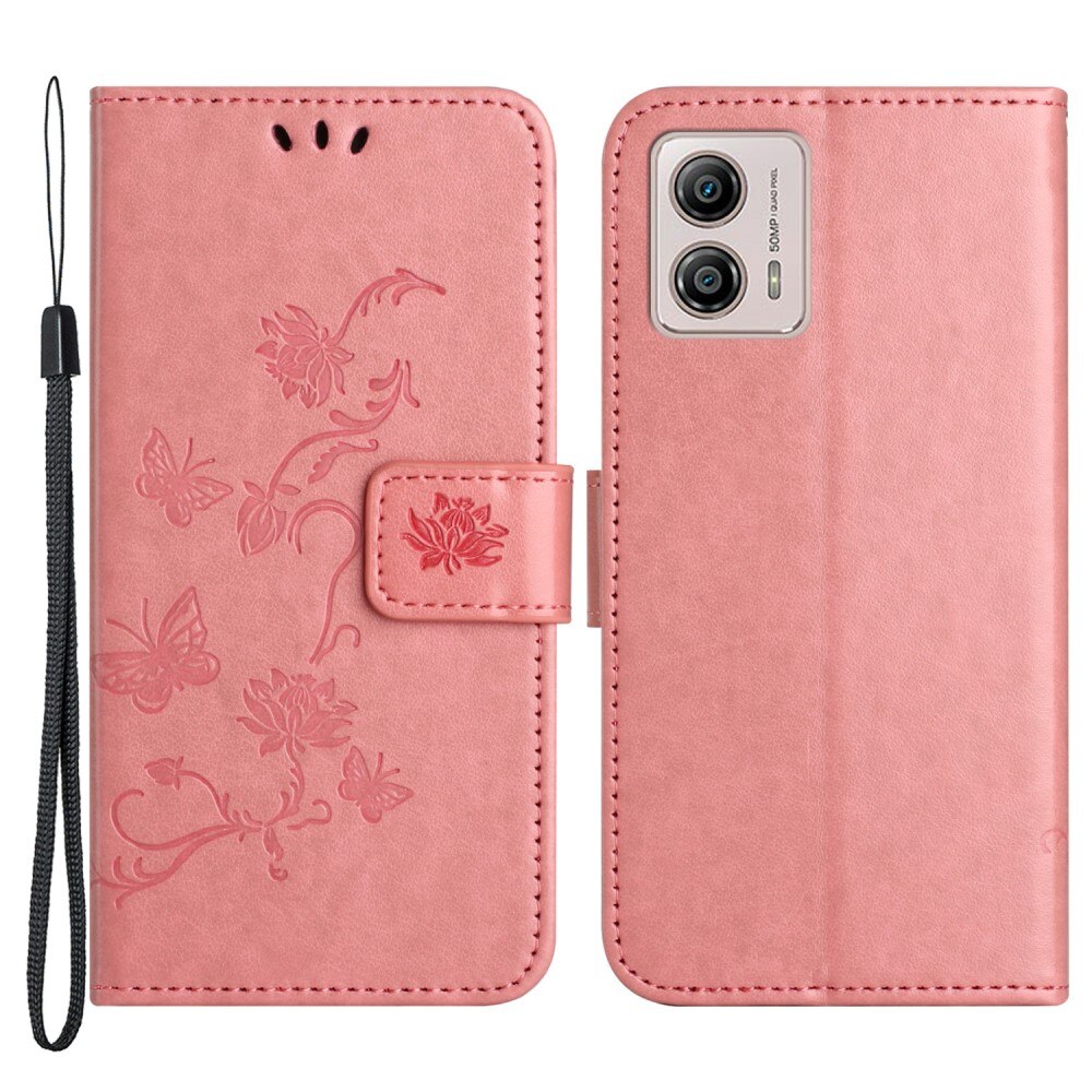 Motorola Moto G53 Leather Cover Imprinted Butterflies Pink