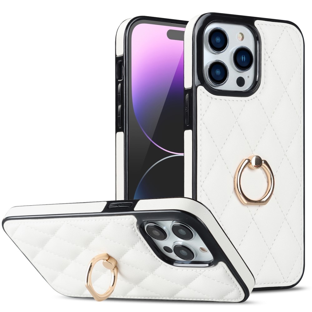 iPhone 14 Pro Finger Ring Case Quilted White