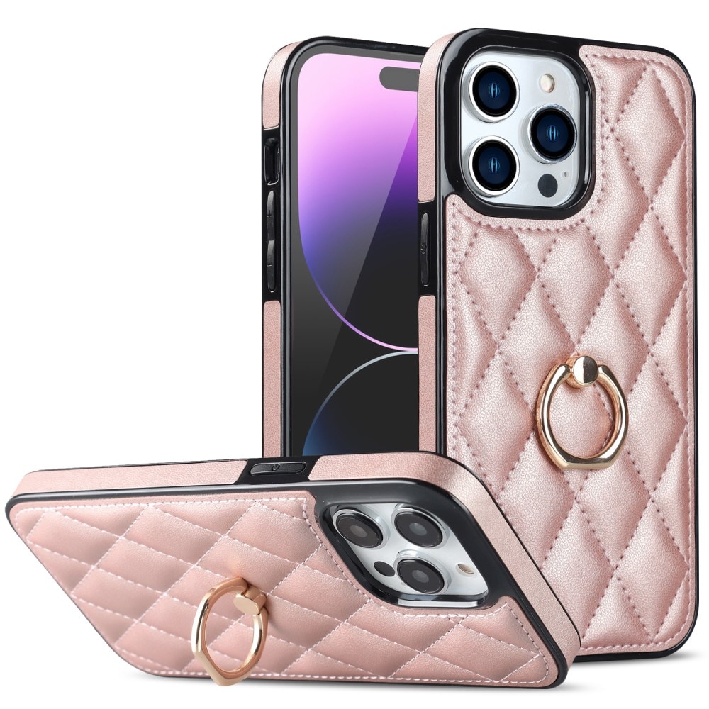 iPhone 14 Pro Finger Ring Case Quilted Rose Gold