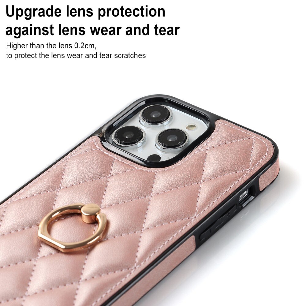 iPhone 14 Pro Finger Ring Case Quilted Rose Gold