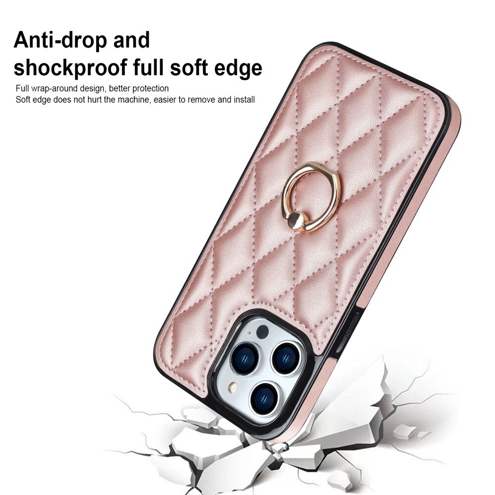 iPhone 14 Pro Finger Ring Case Quilted Rose Gold
