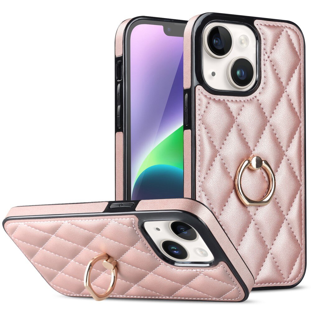 iPhone 14 Finger Ring Case Quilted Rose Gold