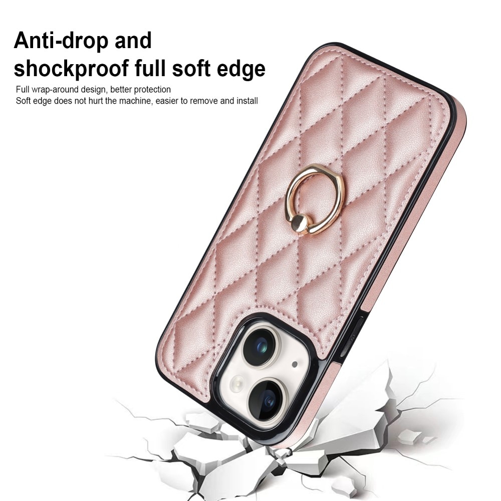 iPhone 14 Finger Ring Case Quilted Rose Gold
