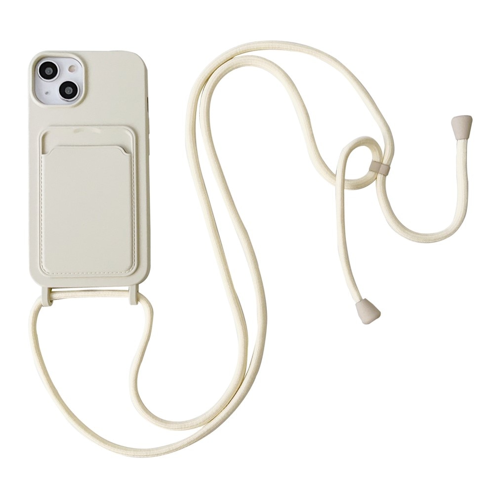 iPhone 14 Silicone Case Card Slot + Neck Strap Beige