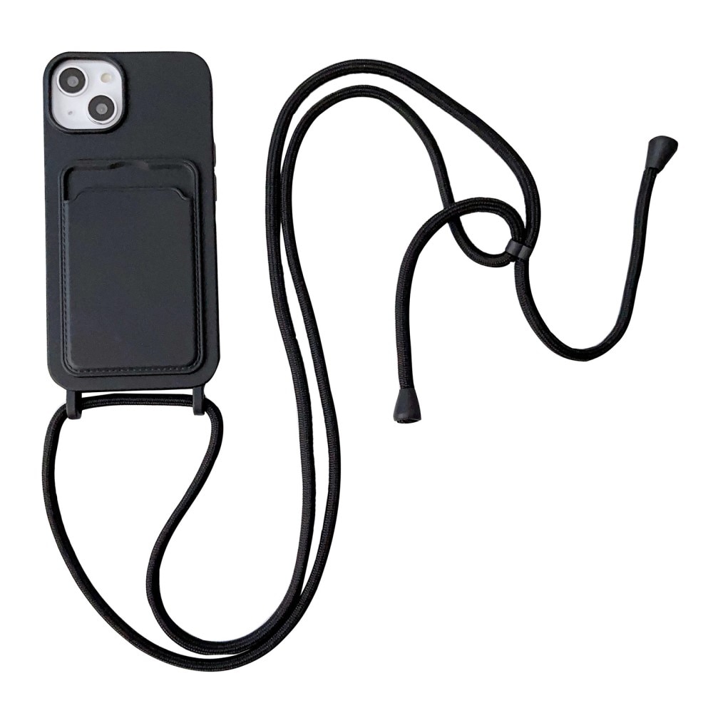 iPhone 14 Silicone Case Card Slot + Neck Strap Black