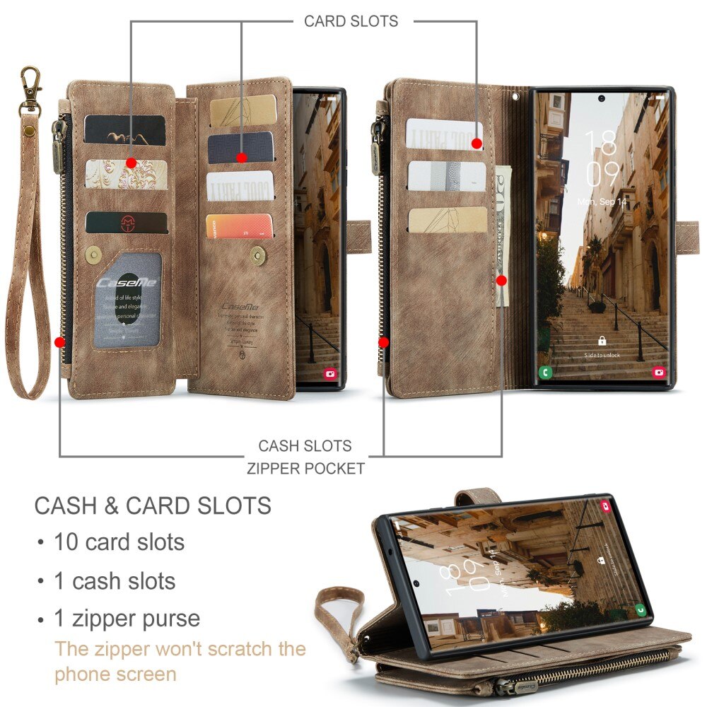 Samsung Galaxy S23 Ultra Zipper Wallet Book Cover Brown