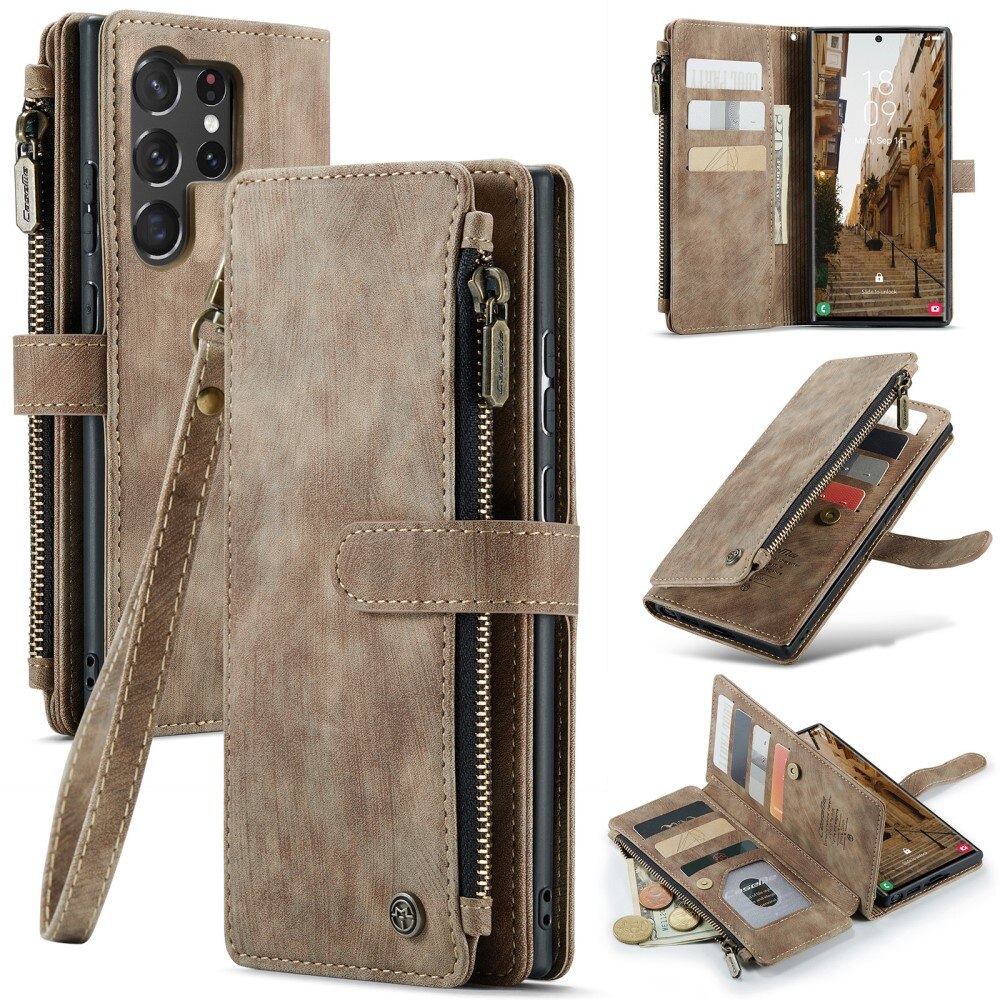 Samsung Galaxy S23 Ultra Zipper Wallet Book Cover Brown