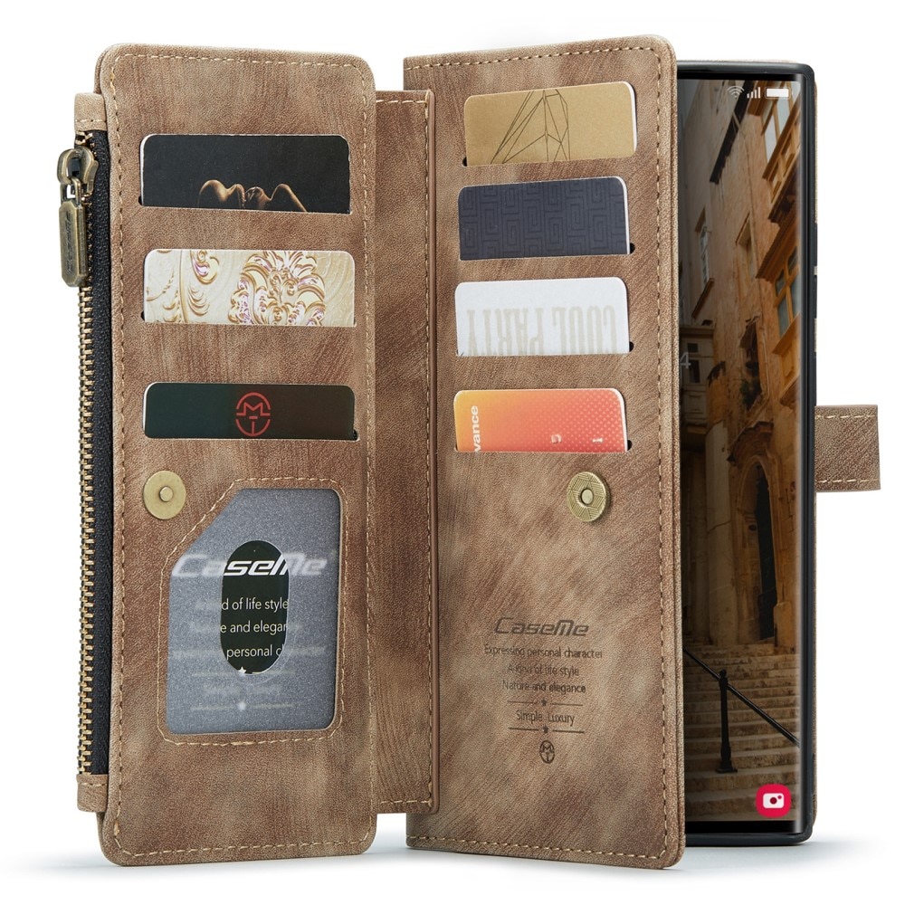 Samsung Galaxy S23 Ultra Zipper Wallet Book Cover Brown