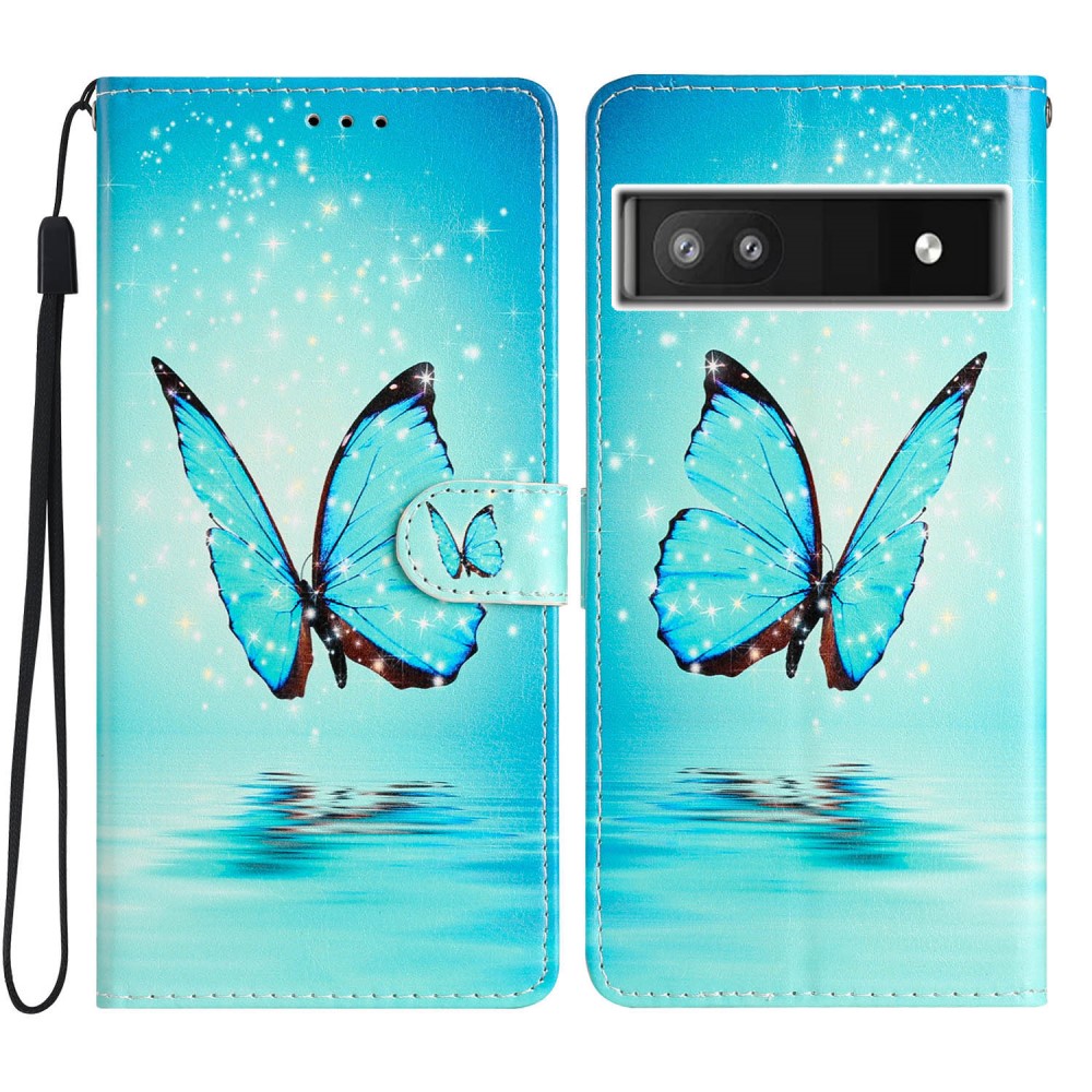 Google Pixel 6a Wallet Book Cover Blue Butterflies