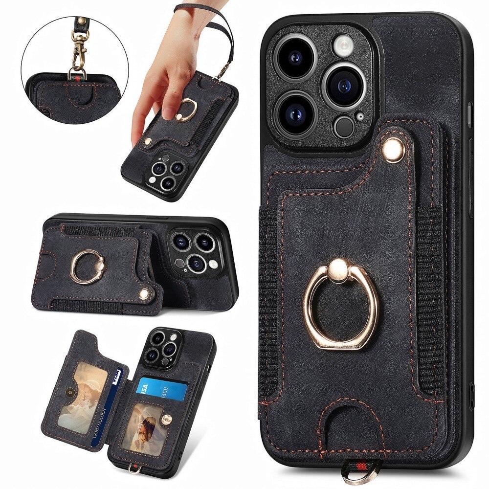 RFID blocking Case with wallet + Finger Ring iPhone 13 Pro Black