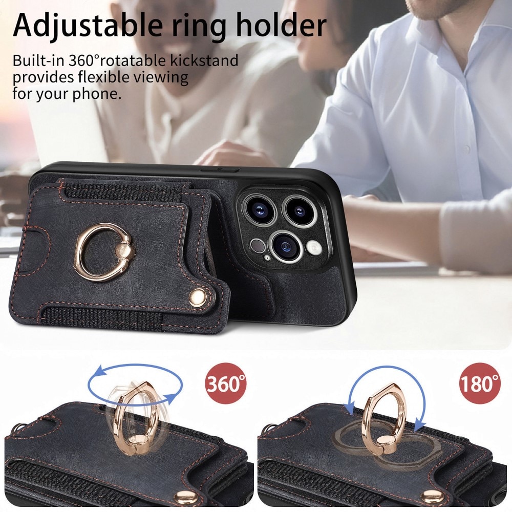 RFID blocking Case with wallet + Finger Ring iPhone 13 Pro Black