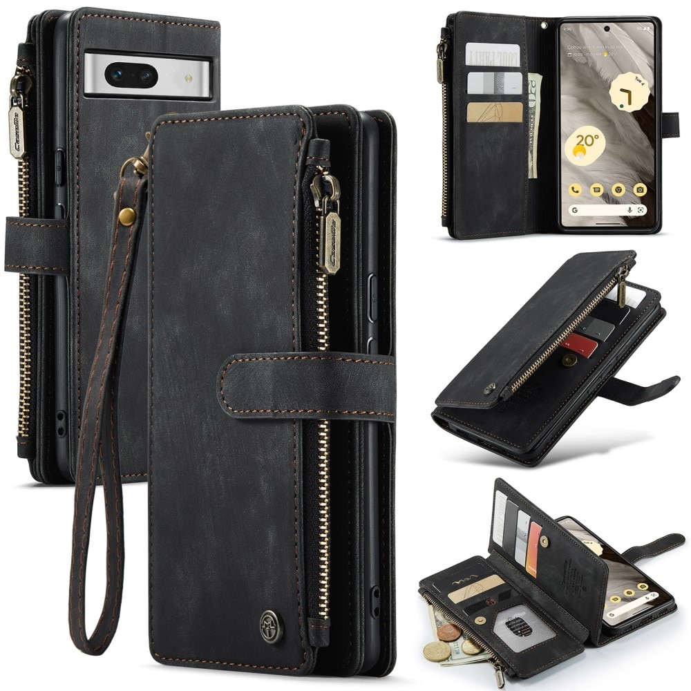 Google Pixel 7a Zipper Wallet Book Cover Black