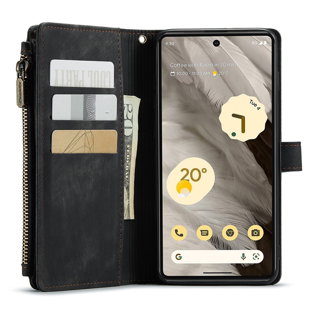 Google Pixel 7a Zipper Wallet Book Cover Black
