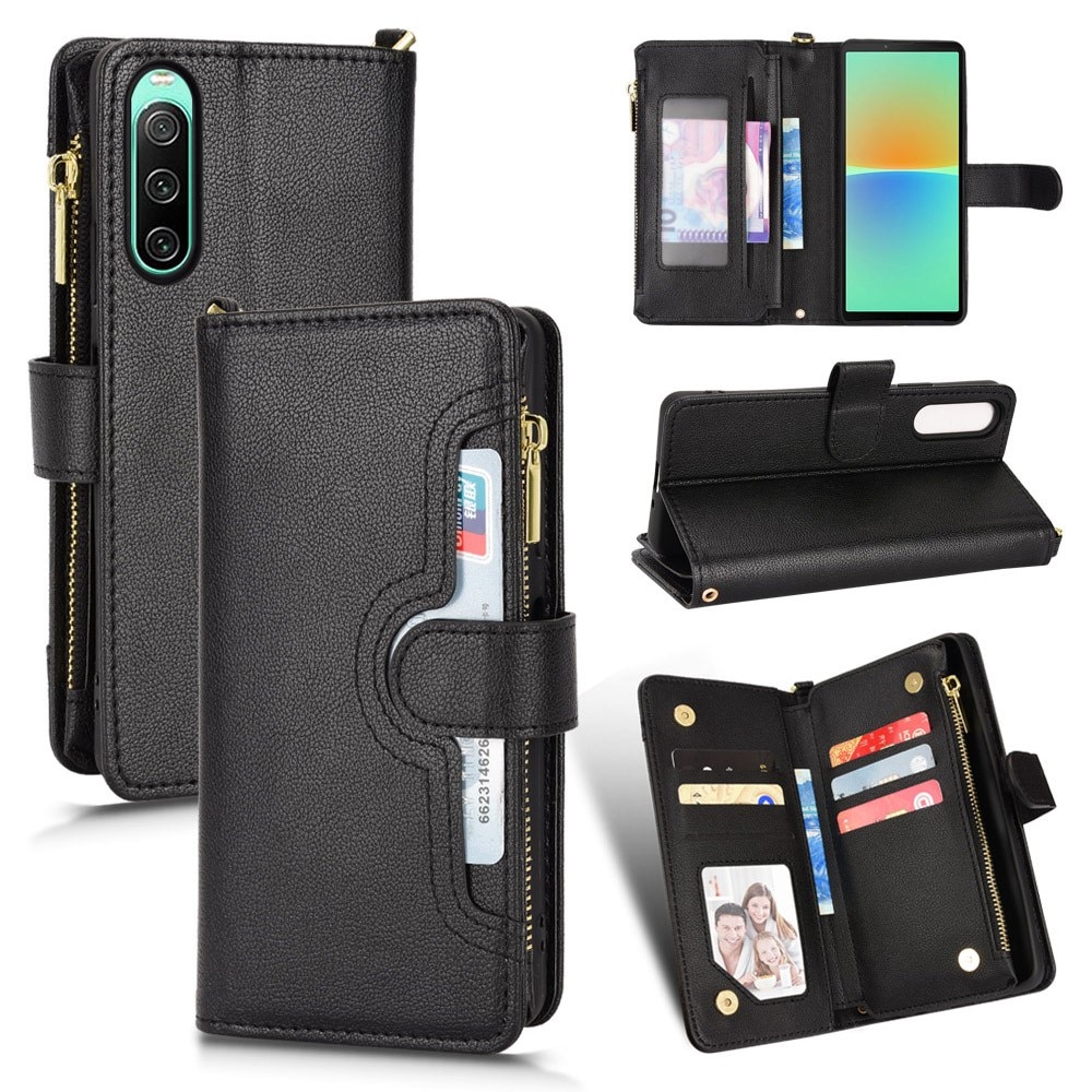 Sony Xperia 10 V Zipper Multi-slot Leather Cover Black