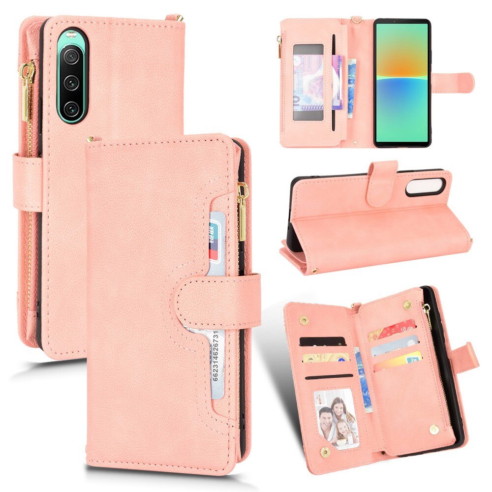 Sony Xperia 10 V Zipper Multi-slot Leather Cover Pink