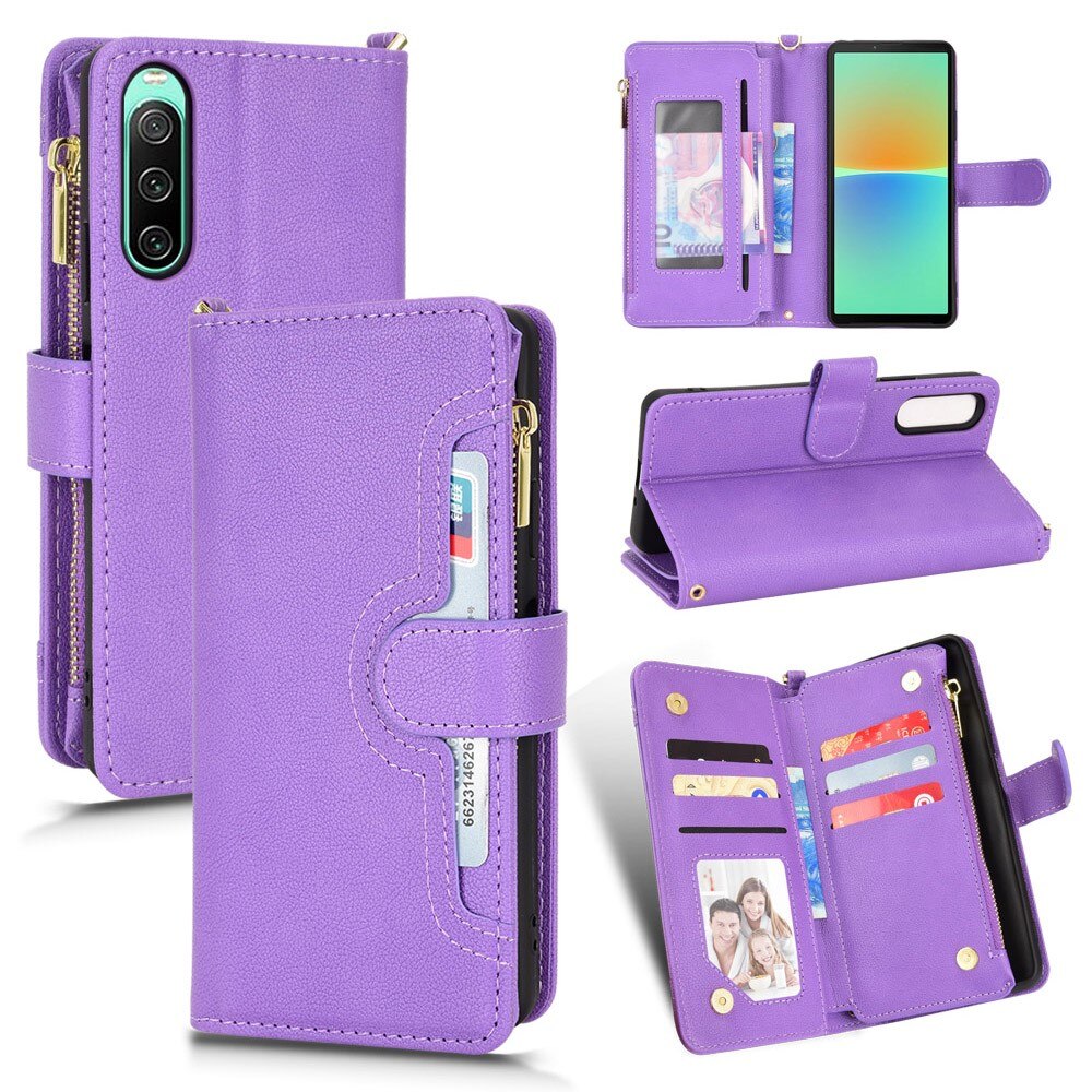 Sony Xperia 10 V Zipper Multi-slot Leather Cover Purple