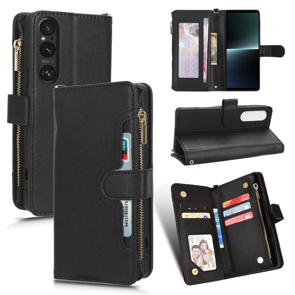 Sony Xperia 1 V Zipper Multi-slot Leather Cover Black