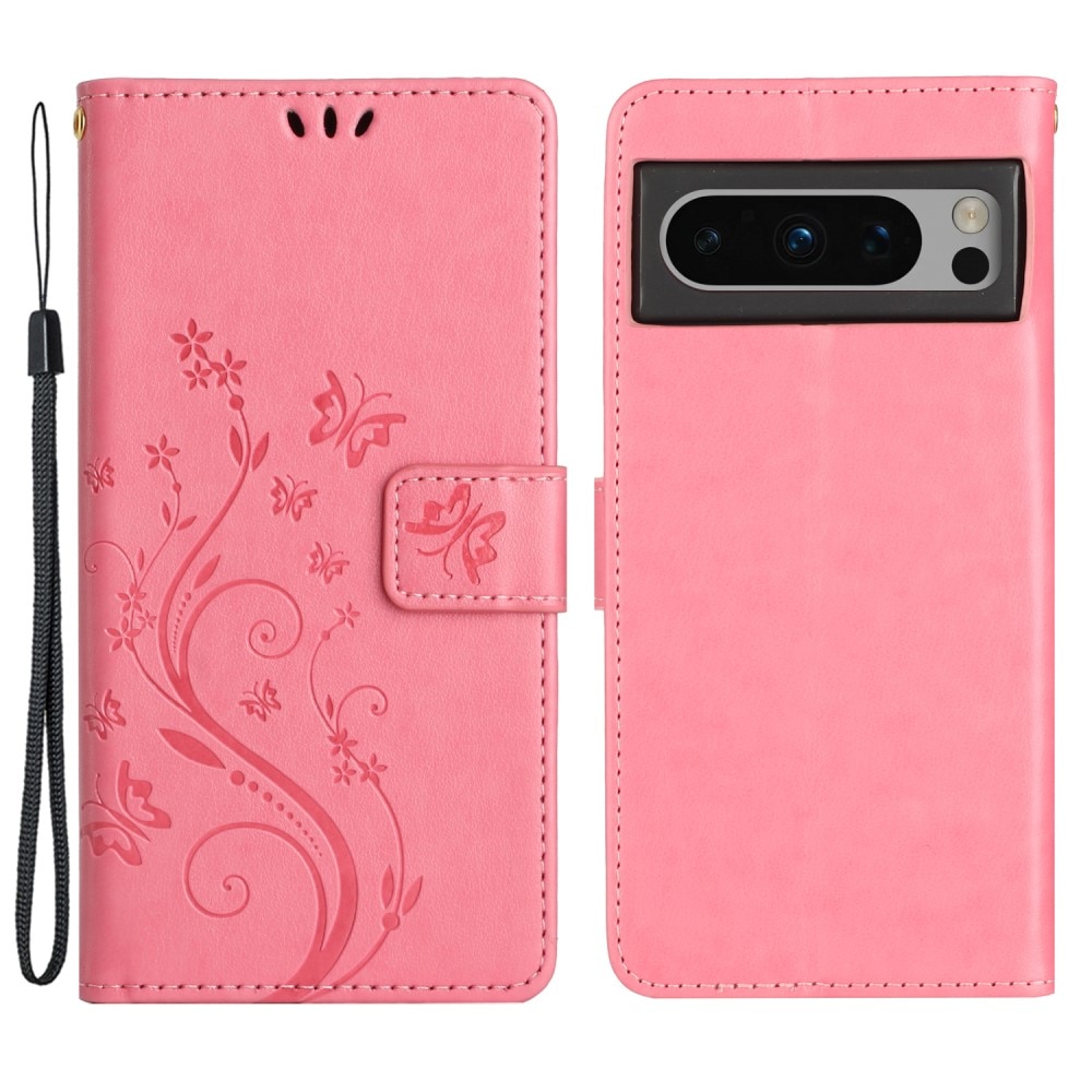 Google Pixel 8 Pro Leather Cover Imprinted Butterflies Pink