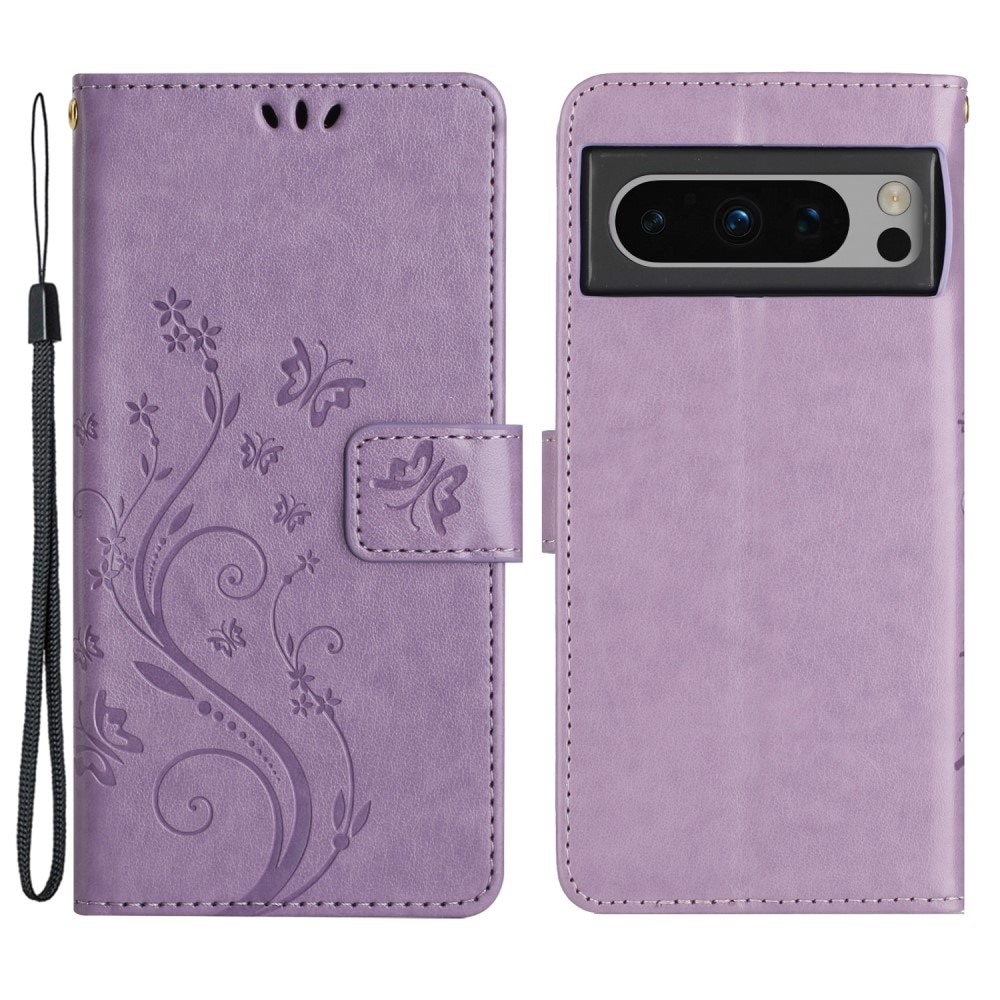 Google Pixel 8 Pro Leather Cover Imprinted Butterflies Purple