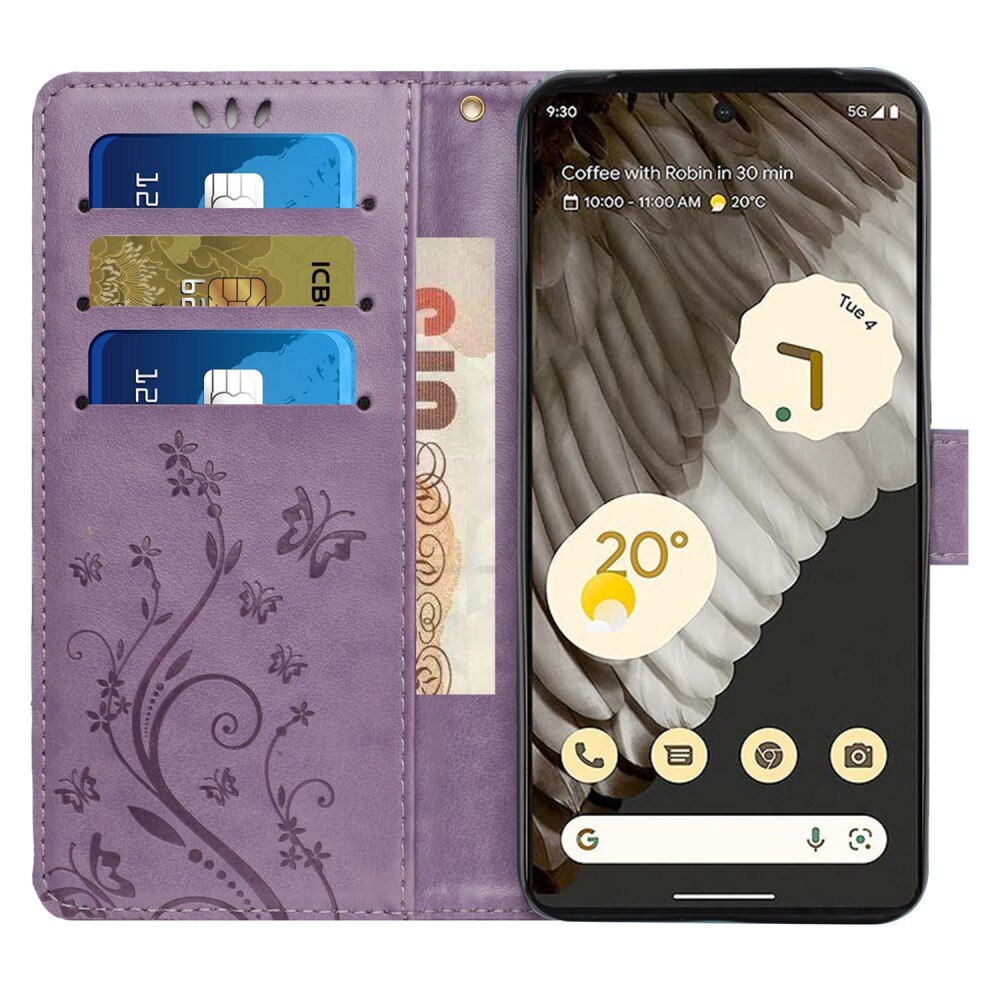 Google Pixel 8 Pro Leather Cover Imprinted Butterflies Purple