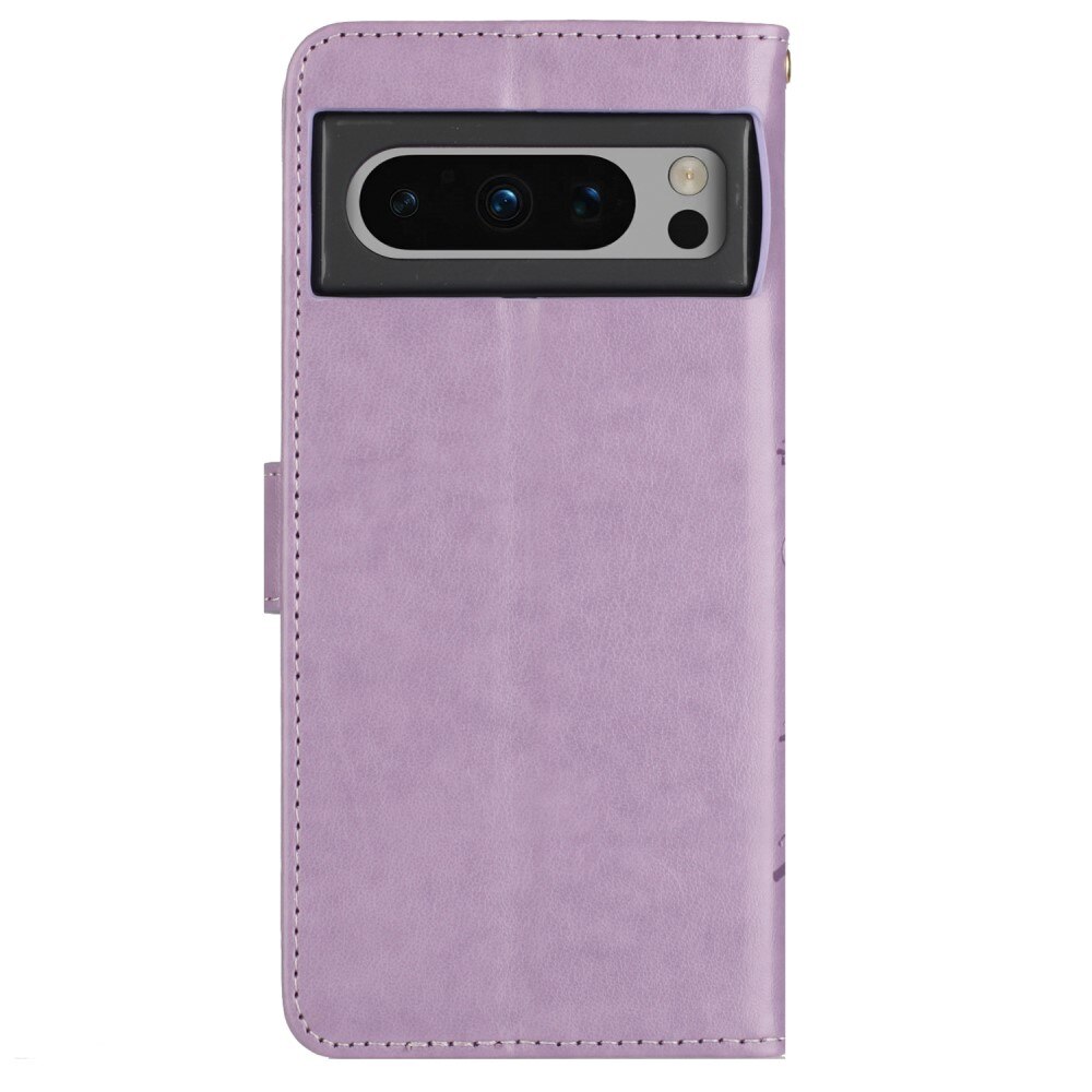 Google Pixel 8 Pro Leather Cover Imprinted Butterflies Purple