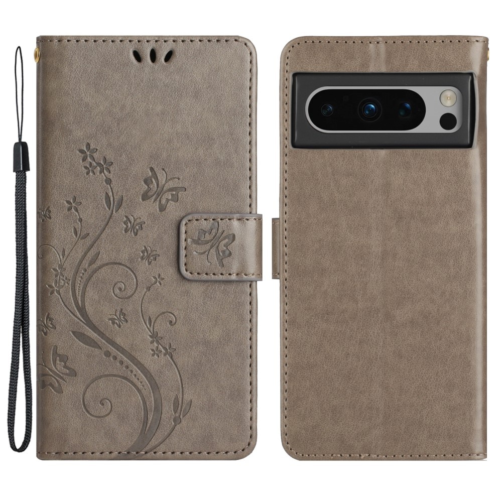 Google Pixel 8 Pro Leather Cover Imprinted Butterflies Grey