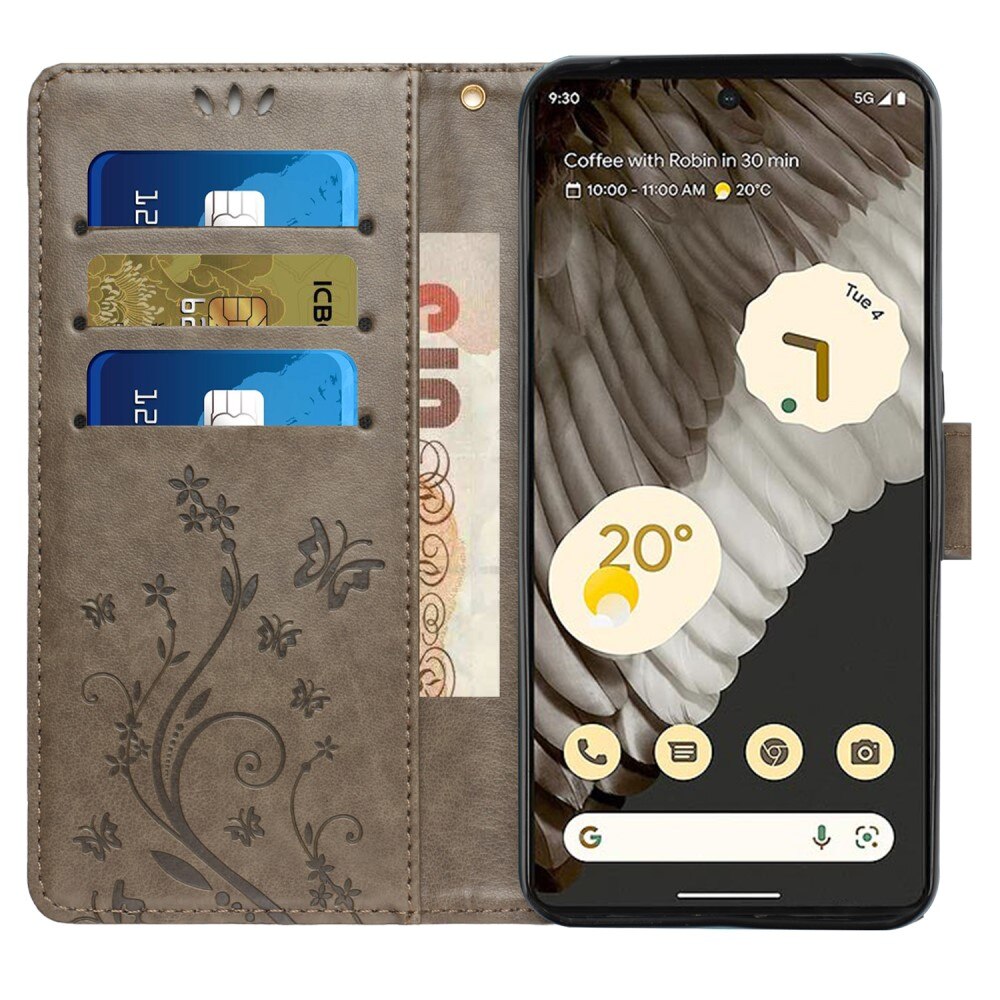 Google Pixel 8 Pro Leather Cover Imprinted Butterflies Grey