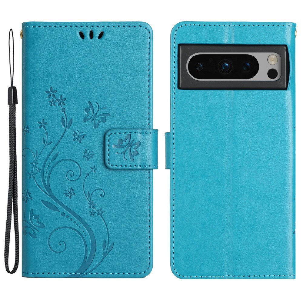 Google Pixel 8 Pro Leather Cover Imprinted Butterflies Blue