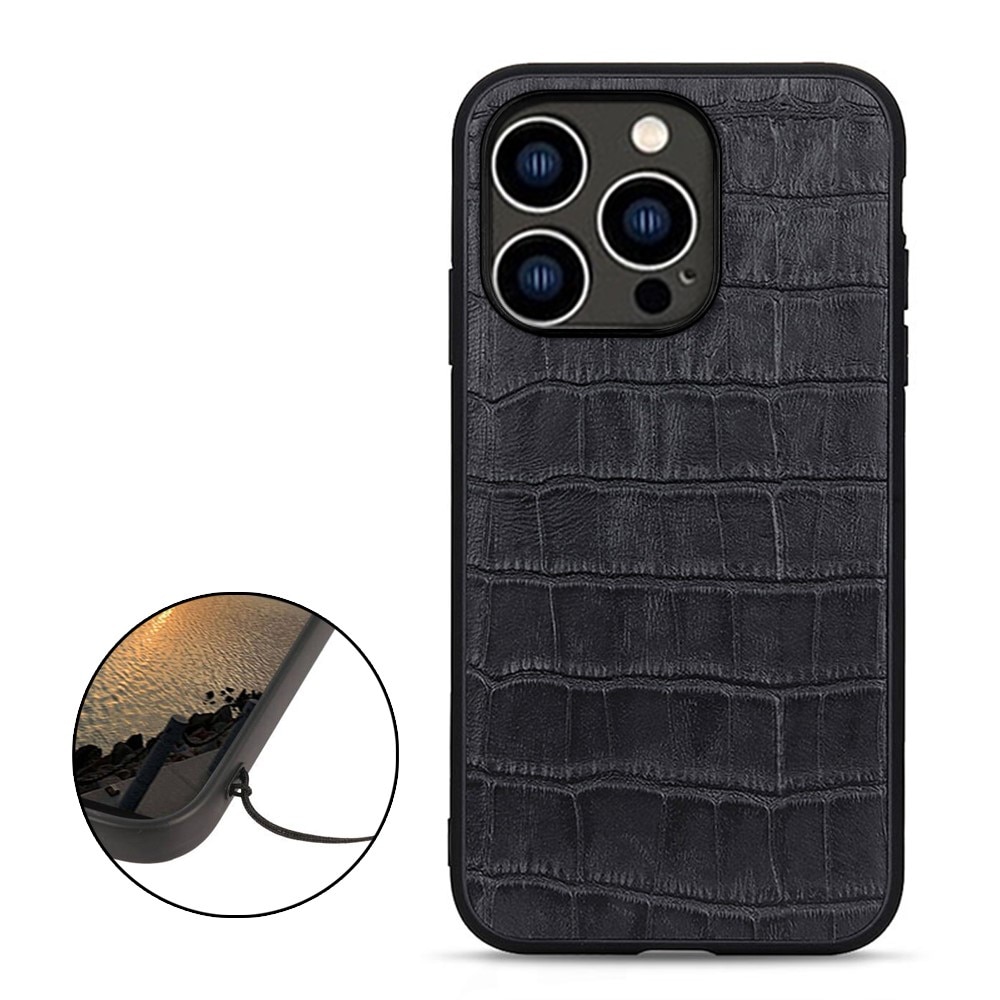 Genuine Leather Cover Crocodile iPhone 15 Pro Black