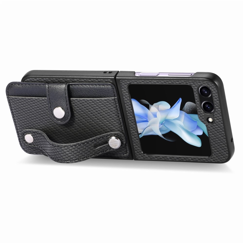 Samsung Galaxy Z Flip 5 Leather Case Card Slot + Finger Strap Black