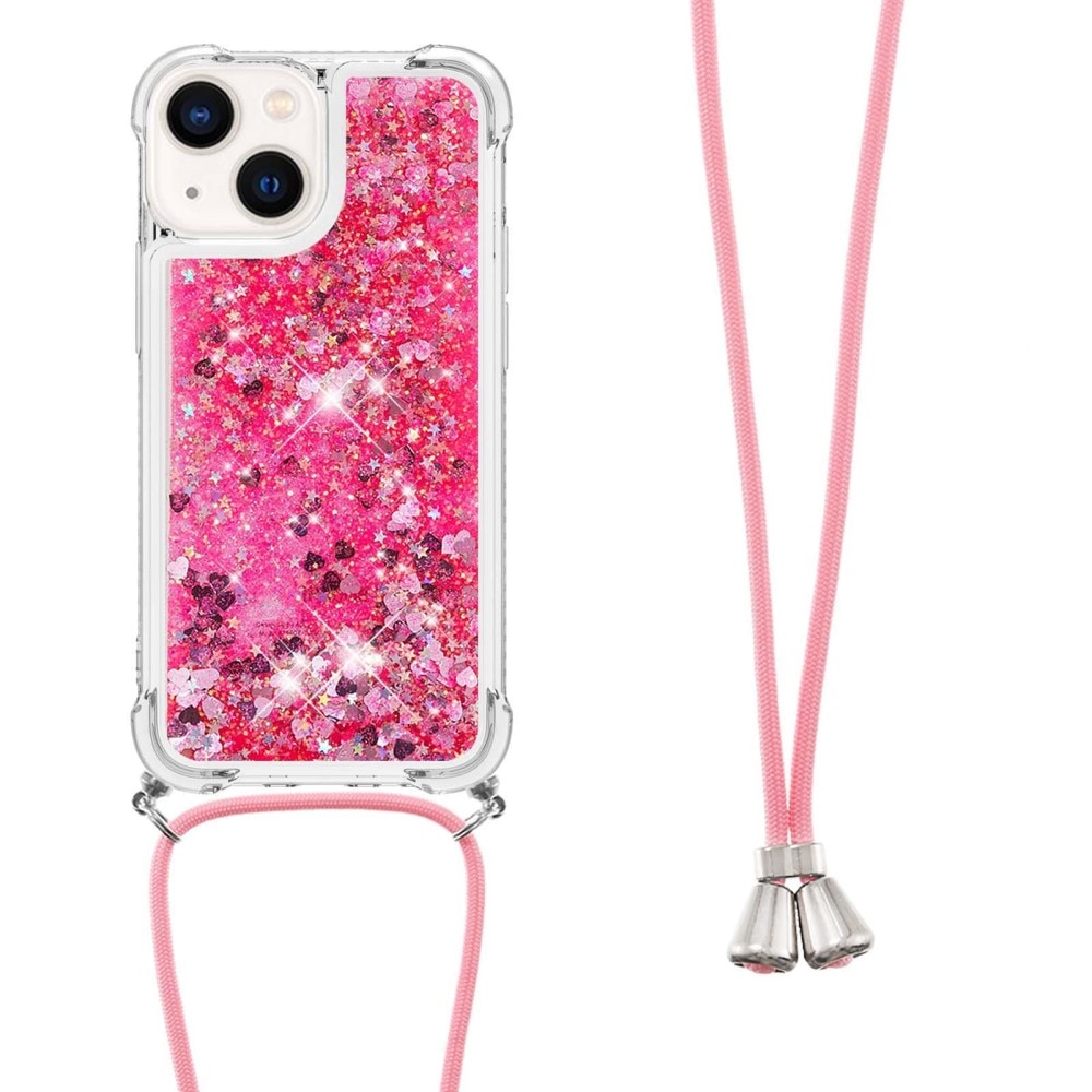 iPhone 15 Glitter Powder TPU Cover Neck Strap Pink