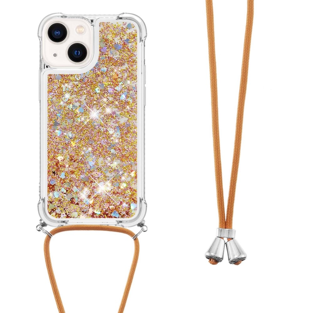 iPhone 15 Glitter Powder TPU Cover Neck Strap Gold