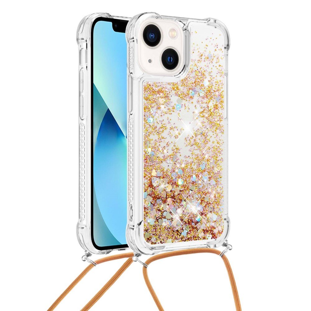 iPhone 15 Glitter Powder TPU Cover Neck Strap Gold