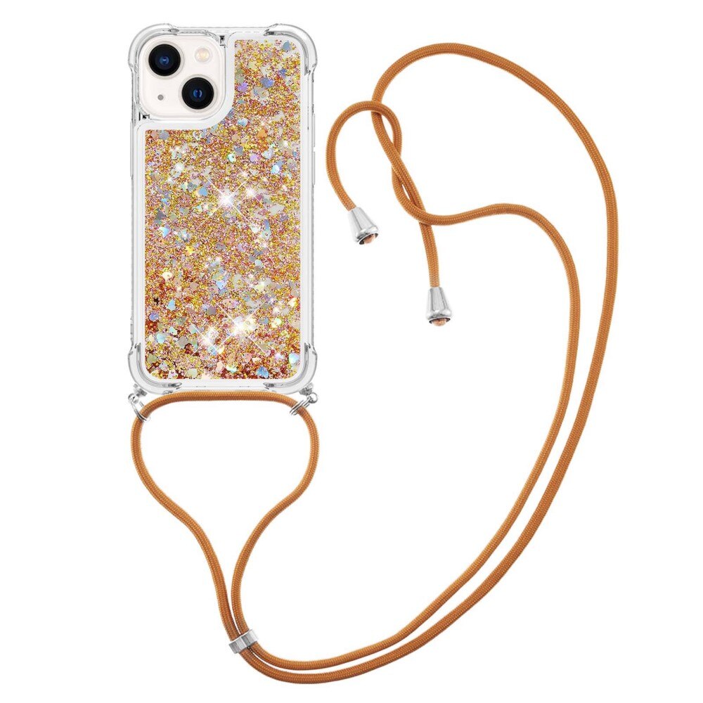 iPhone 15 Glitter Powder TPU Cover Neck Strap Gold