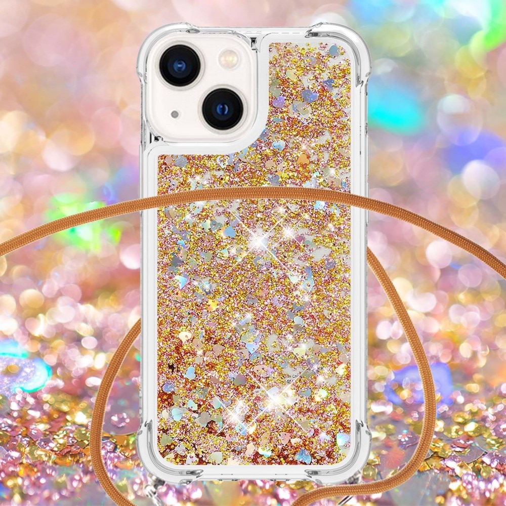iPhone 15 Glitter Powder TPU Cover Neck Strap Gold
