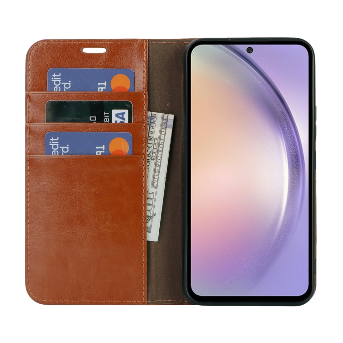 Samsung Galaxy A54 Genuine Leather Wallet Case Brown