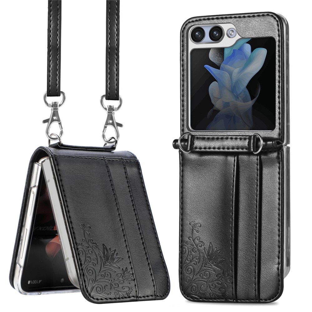 Samsung Galaxy Z Flip 5 Leather Cover Imprinted Butterflies Black